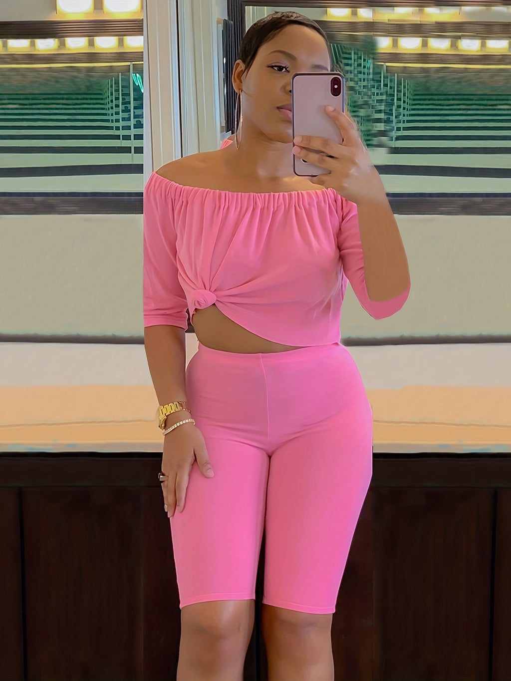 Sexy Solid Fashion Pantsuits Two-piece Set, Off Shoulder Short Sleeve Tops & Slim Shorts Set, Women's Clothing